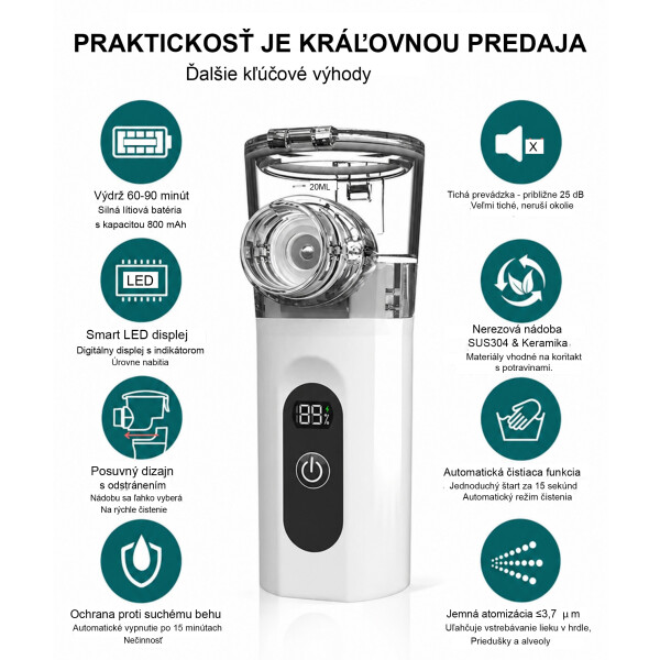Wellife Prenosný ultrazvukový inhalátor s digitálnym displejom TZ-W12 – nebulizér